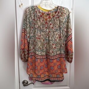 Orange Brown Relaxed Graphic Blouse with Flutter Sleeves